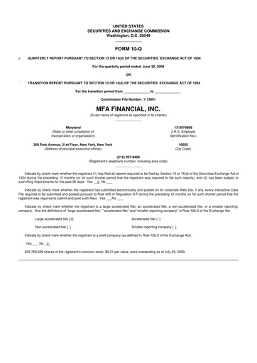 Thumbnail MFA Financial 10-Q Quarterly Report FY 