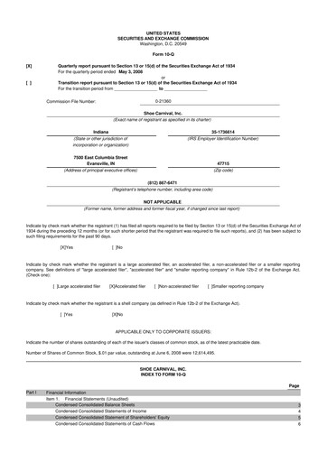 Thumbnail Shoe Carnival
 10-Q Quarterly Report FY 