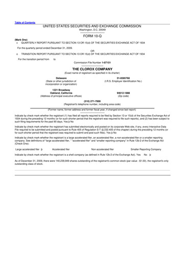 Thumbnail Clorox 10-Q Quarterly Report FY 