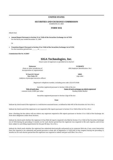 Thumbnail SIGA Technologies 10-K Annual Report 