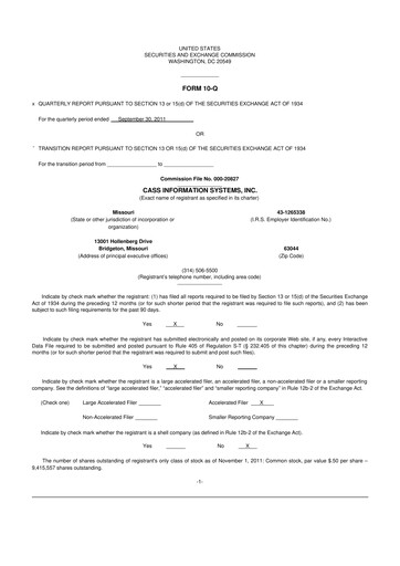 Thumbnail Cass Information Systems 10-Q Quarterly Report FY2011 