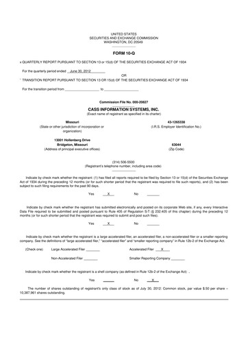 Thumbnail Cass Information Systems 10-Q Quarterly Report FY2012 