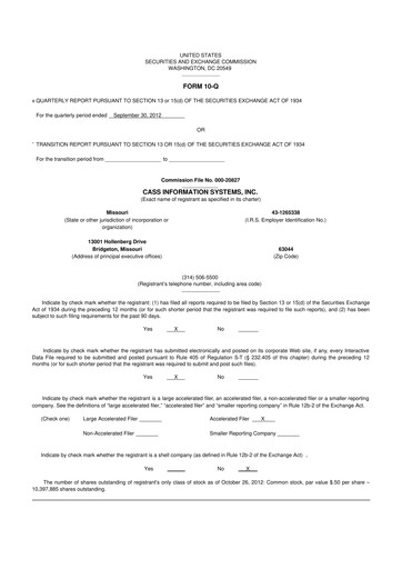 Thumbnail Cass Information Systems 10-Q Quarterly Report FY2012 
