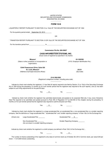 Thumbnail Cass Information Systems 10-Q Quarterly Report FY2013 