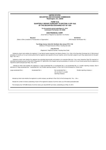 Thumbnail Ready Capital
 10-Q Quarterly Report FY2014 