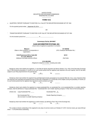 Thumbnail Cass Information Systems 10-Q Quarterly Report FY2014 