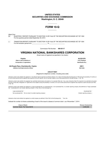 Vorschaubild Virginia National Bankshares 10-Q Quartalsbericht 2014 