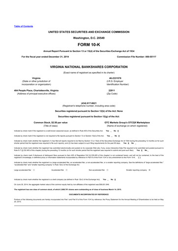 Thumbnail Virginia National Bankshares 10-K Annual Report 2014