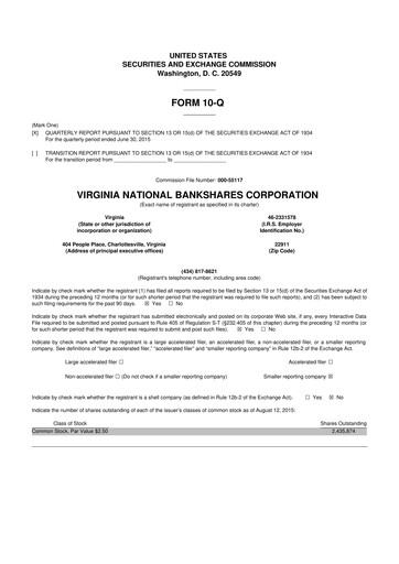 Vorschaubild Virginia National Bankshares 10-Q Quartalsbericht 2015 