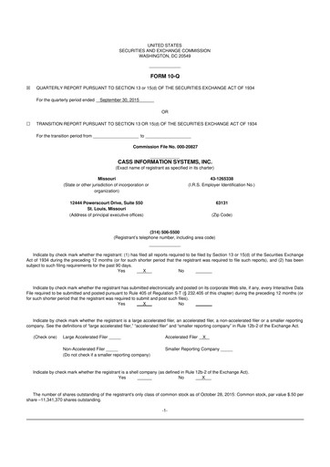 Thumbnail Cass Information Systems 10-Q Quarterly Report FY2015 