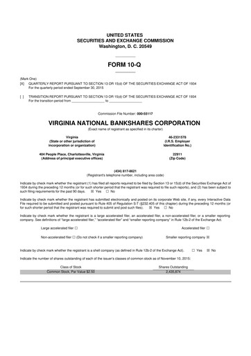 Vorschaubild Virginia National Bankshares 10-Q Quartalsbericht 2015 