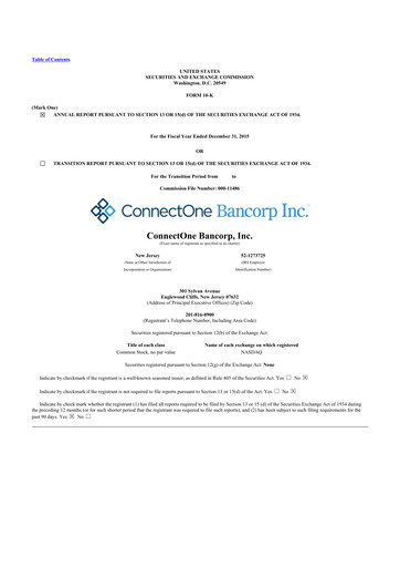 Miniature ConnectOne Bancorp 10-K Rapport annuel 2015