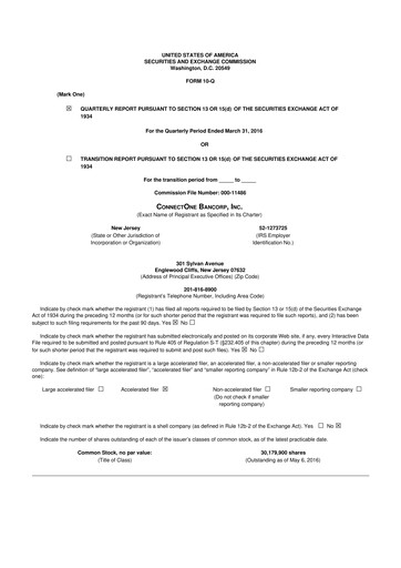 Miniature ConnectOne Bancorp 10-Q Rapport trimestriel 2016 
