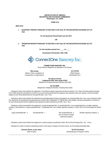 Miniature ConnectOne Bancorp 10-Q Rapport trimestriel 2016 