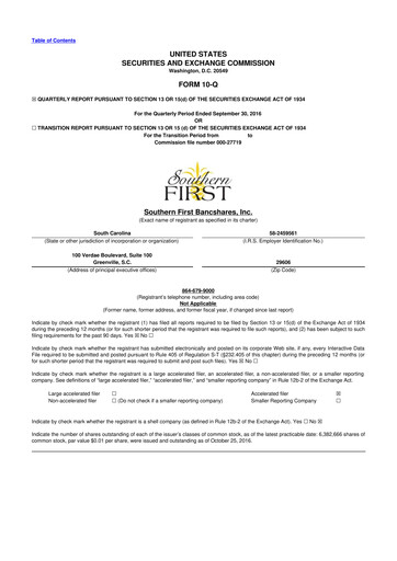 Thumbnail Southern First Bancshares 10-Q Quarterly Report FY2016 