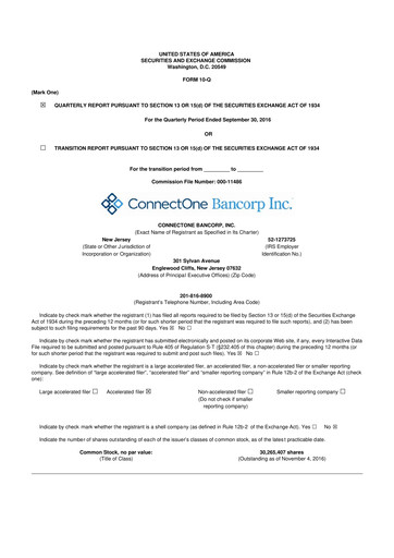 Miniature ConnectOne Bancorp 10-Q Rapport trimestriel 2016 