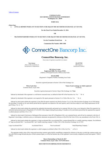 Miniature ConnectOne Bancorp 10-K Rapport annuel 2016
