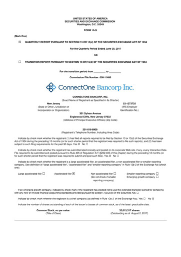 Miniature ConnectOne Bancorp 10-Q Rapport trimestriel 2017 