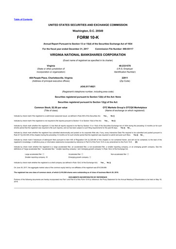 Thumbnail Virginia National Bankshares 10-K Annual Report 2017