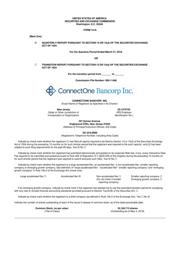Miniature ConnectOne Bancorp 10-Q Rapport trimestriel 2018 