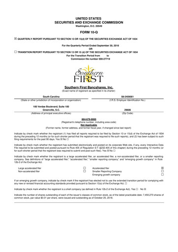 Thumbnail Southern First Bancshares 10-Q Quarterly Report FY2018 