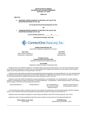 Miniature ConnectOne Bancorp 10-Q Rapport trimestriel 2018 