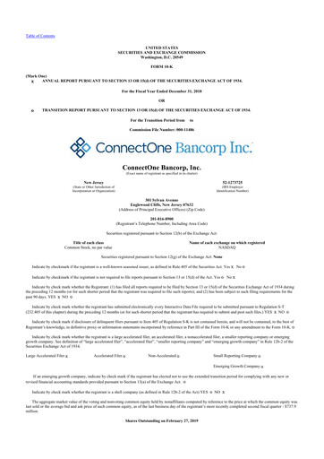 Miniature ConnectOne Bancorp 10-K Rapport annuel 2018