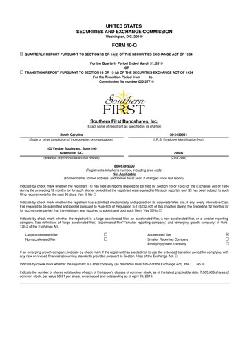 Thumbnail Southern First Bancshares 10-Q Quarterly Report FY2019 