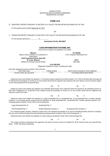 Thumbnail Cass Information Systems 10-Q Quarterly Report FY2019 