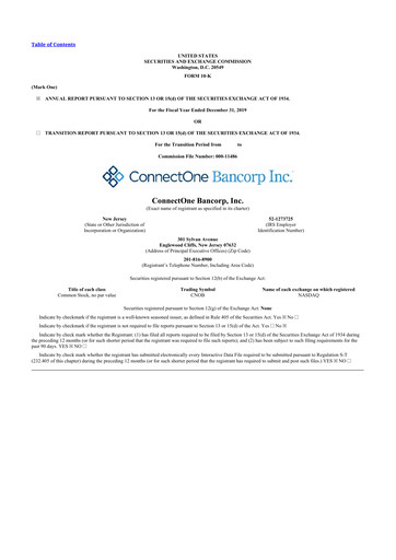 Miniature ConnectOne Bancorp 10-K Rapport annuel 2019
