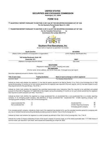Thumbnail Southern First Bancshares 10-Q Quarterly Report FY2020 