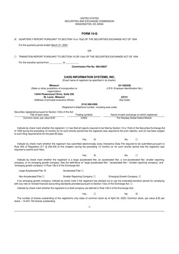 Thumbnail Cass Information Systems 10-Q Quarterly Report FY2020 