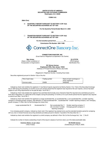 Miniature ConnectOne Bancorp 10-Q Rapport trimestriel 2020 
