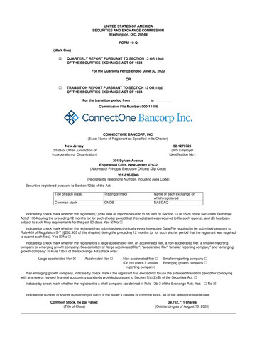 Miniature ConnectOne Bancorp 10-Q Rapport trimestriel 2020 