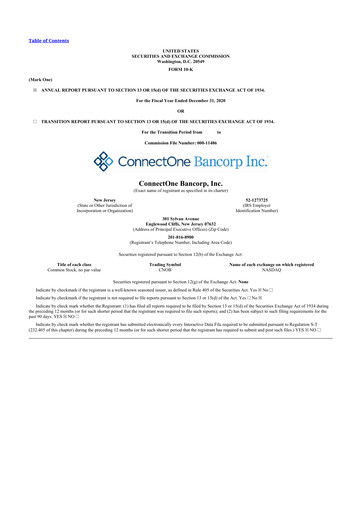 Miniature ConnectOne Bancorp 10-K Rapport annuel 2020