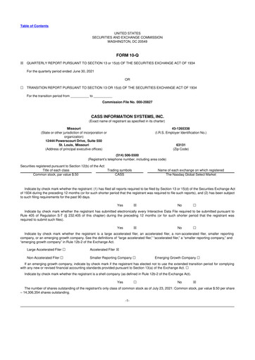 Thumbnail Cass Information Systems 10-Q Quarterly Report FY2021 