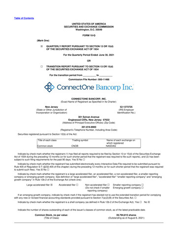 Miniature ConnectOne Bancorp 10-Q Rapport trimestriel 2021 