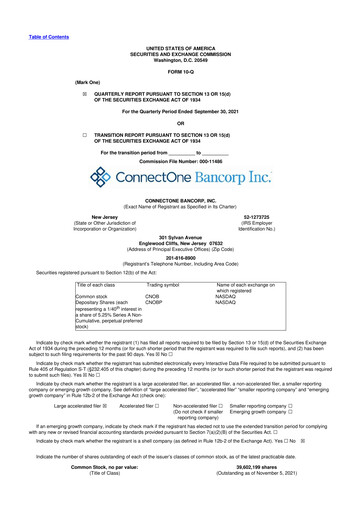 Miniature ConnectOne Bancorp 10-Q Rapport trimestriel 2021 