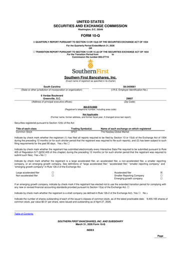 Miniature Southern First Bancshares 10-Q Rapport trimestriel  