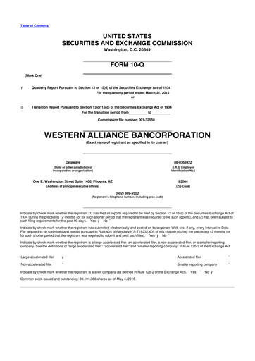 Thumbnail Western Alliance Bancorporation
 10-Q Quarterly Report FY2015 