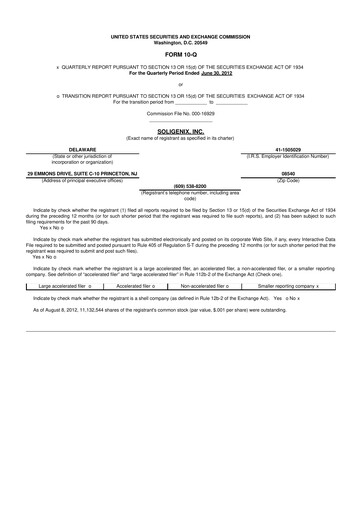 Thumbnail Soligenix 10-Q Quarterly Report FY2012 