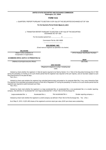 Thumbnail Soligenix 10-Q Quarterly Report FY2013 