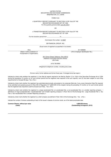 Miniature SB Financial Group 10-Q Rapport trimestriel 2013 