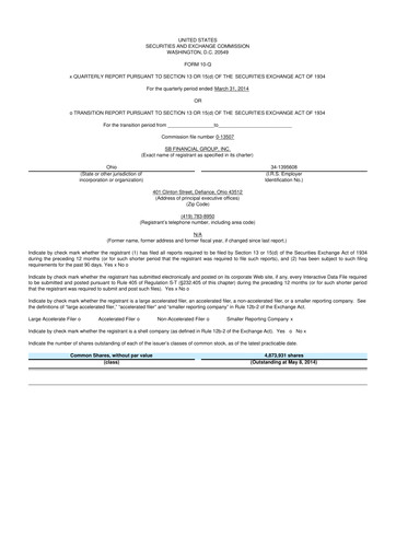 Miniature SB Financial Group 10-Q Rapport trimestriel 2014 