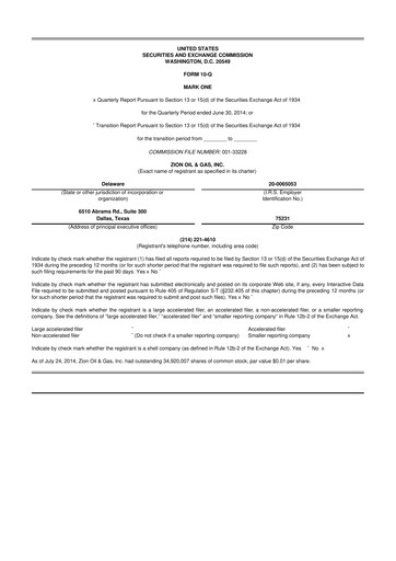 Thumbnail Zion Oil & Gas 10-Q Quarterly Report FY2014 
