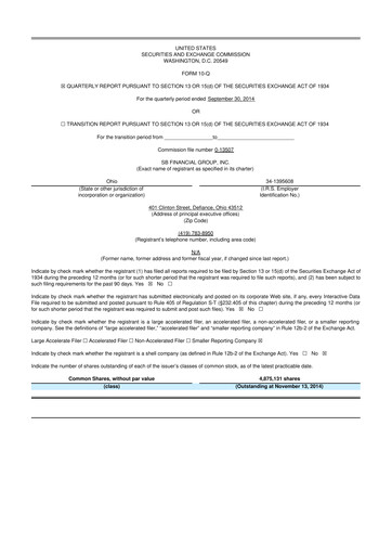 Miniature SB Financial Group 10-Q Rapport trimestriel 2014 