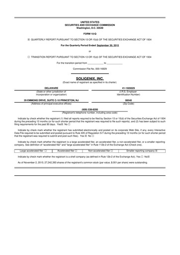 Thumbnail Soligenix 10-Q Quarterly Report FY2015 