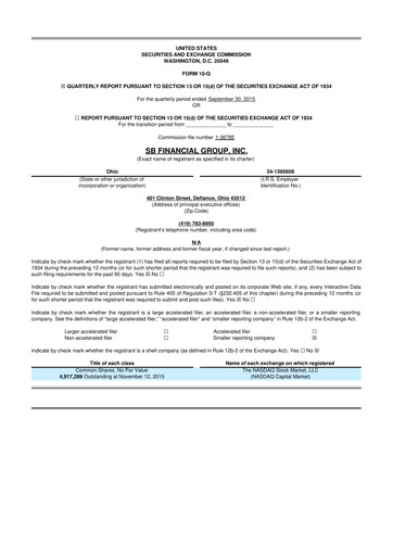 Miniature SB Financial Group 10-Q Rapport trimestriel 2015 