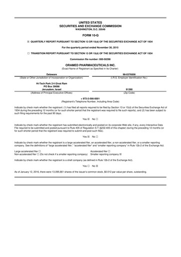Miniature Oramed Pharmaceuticals 10-Q Rapport trimestriel 2016 