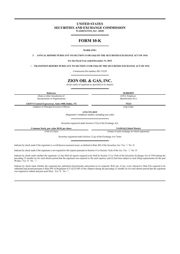 Miniature Zion Oil & Gas 10-K Rapport annuel 2015